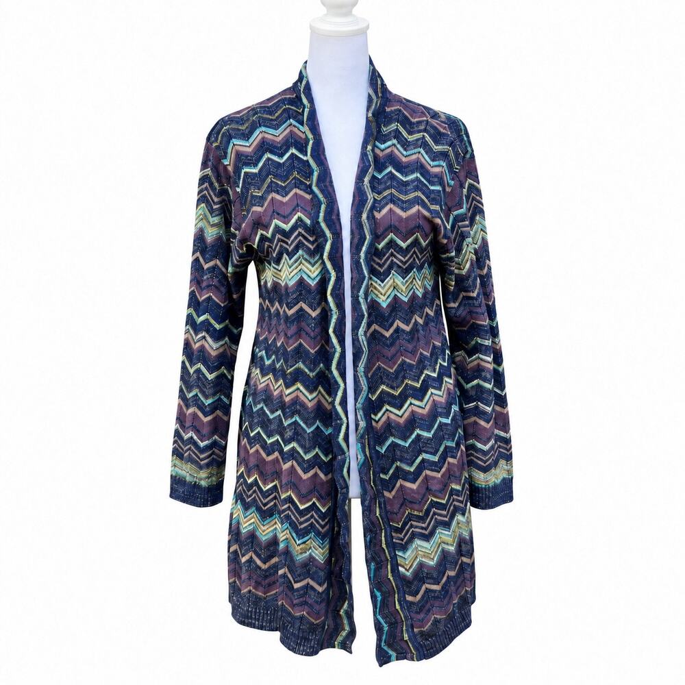 Chico’s Size 2 L Long Cardigan Sweater Metallic Chevron Open Front Boho
